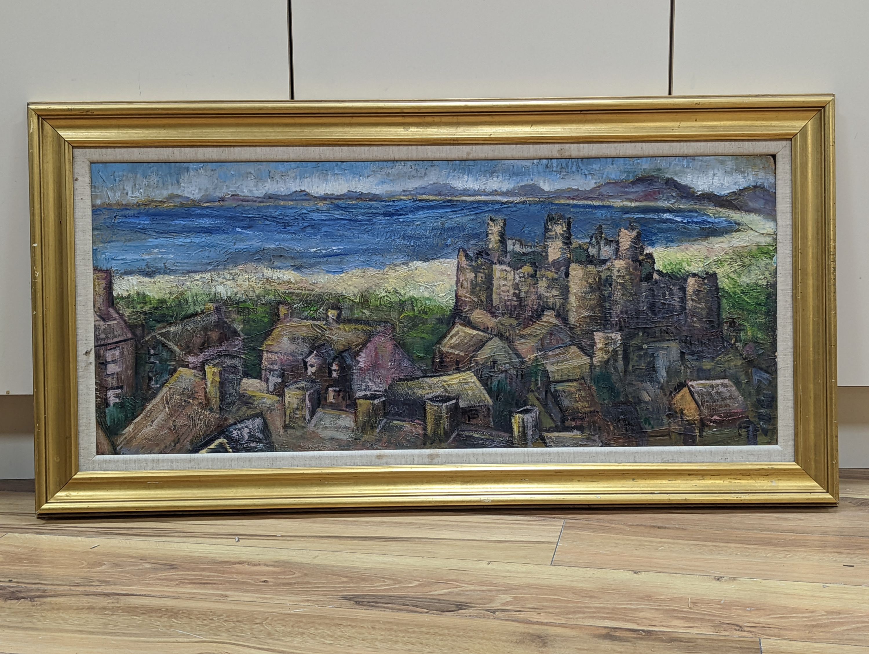 R. Robinson, oil on board, Coastal landscape with castle, 39 x 90cm